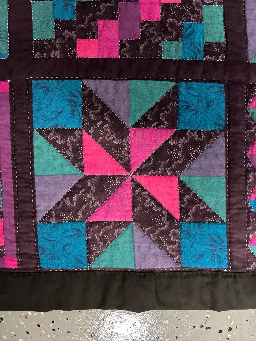 Handmade Hand Quilted Patchwork Quilt in Pink, Teal & Black